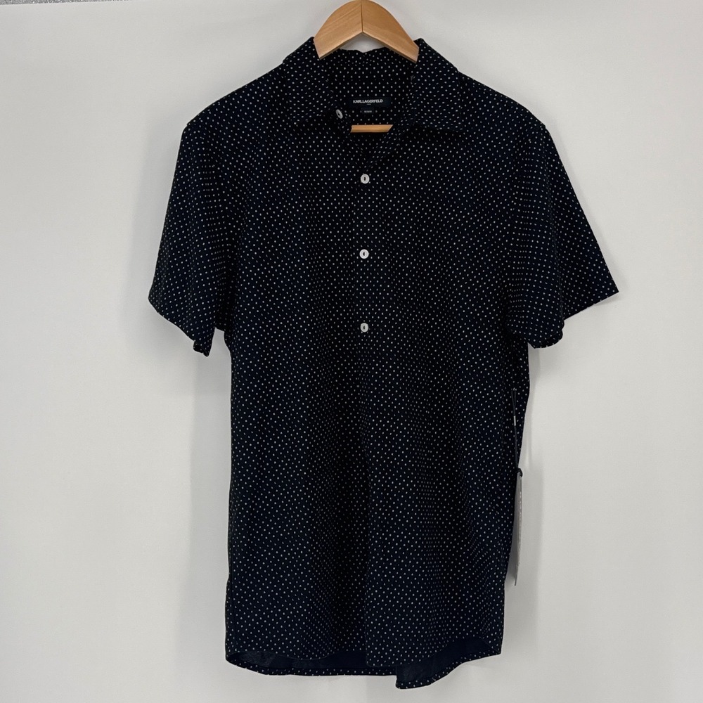 Karl Lagerfeld Paris Mens Monogram Button Down Shirt M Black Short Sleeve NEW